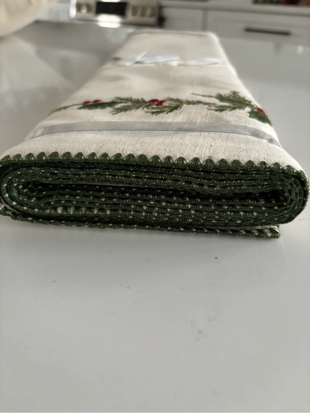 Pottery Barn Cream Table Runner with Green & Red Holly Embroidery
